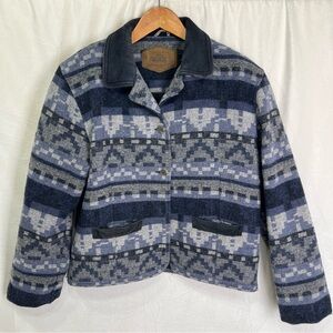 Vintage Woolrich Wool Aztec Blanket Jacket in Denim Stripe Suede Trim USA Small